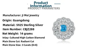 Macro detail of S925 silver ring featuring a 3ct radiant cut blue flower zircon