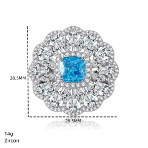 S925 sterling silver ring featuring a 28.5mm large flower zircon and blue crystal