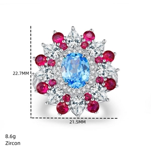 Detail view of flower-shaped silver ring with colorful zircon stones and size dimensions