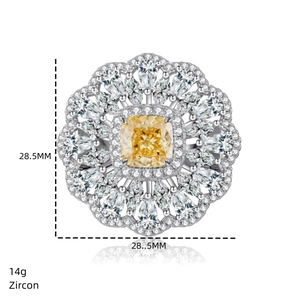 Detailed view of luxury silver floral ring with yellow zircon and marquise-cut stones