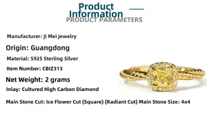 Detail view of S925 sterling silver ring with 4x4mm radiant cut yellow carbon diamond