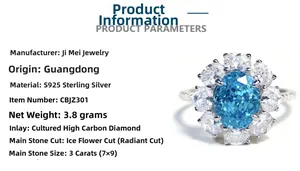 Detailed product parameters of S925 sterling silver ring with 3 carat blue ice cut stone