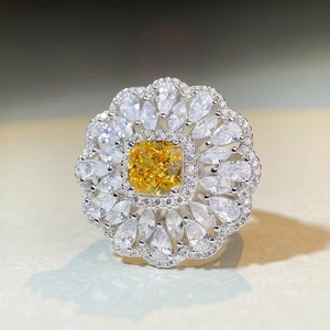 Luxury 925 silver ring featuring a yellow cushion-cut stone with multi-layer petal setting