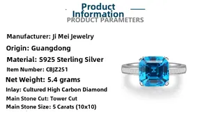 Detailed specs of S925 silver ring with 5ct Asscher cut aquamarine carbon diamond