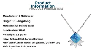 Détail du collier en argent 925 avec diamant synthétique bleu de 3ct taille Radiant
