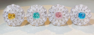 Detailed close-up of 925 silver flower rings with yellow, green, pink, and blue stones