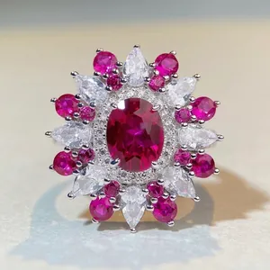 Luxury 925 Sterling Silver Cluster Ring For Women Vintage Oval Zirconia Flower Pave Wedding Party High Jewelry Finger Ring