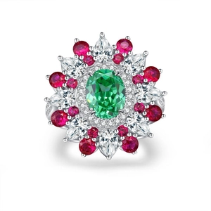 Bague fleur en argent S925 avec pierre précieuse verte et diamants brillants de luxe