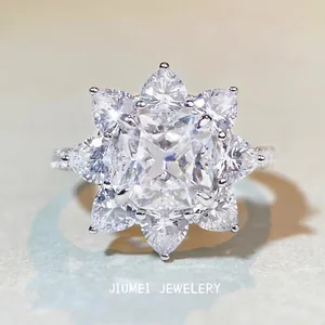 Bague Cluster en Argent Sterling 925 de Luxe Avec Moissanite Taille Coussin Fleur de Soleil Accessoire Bijoux de Mode pour Femme Cadeau de Mariage Fête