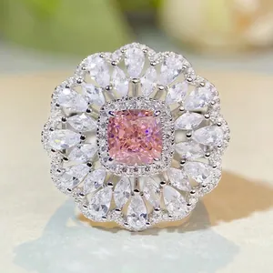 Bague Fleur en Argent Sterling 925 de Luxe Taille Coussin Carrée Rose Jaune Vert Bleu Strass Bijoux pour Femmes