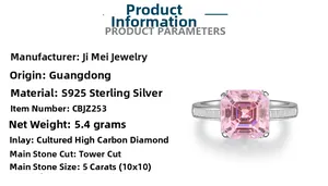 Macro view of 5ct pink Asscher cut high carbon diamond ring in S925 sterling silver