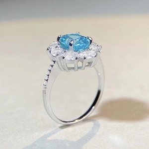 Oval aquamarine gemstone ring with halo diamonds in S925 silver setting for weddings