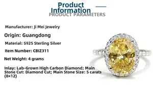 Detail view of 5 carat yellow oval high carbon diamond ring with S925 sterling silver specs