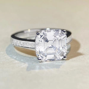 Luxurious S925 sterling silver Asscher cut diamond ring with pavé stones at 45-degree angle