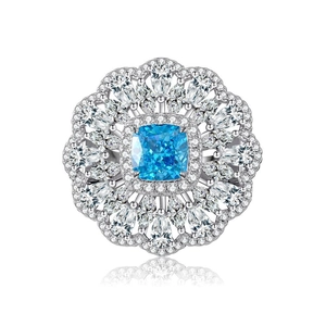 Luxurious S925 silver ring with square blue gemstone and ice flower cut zircon petals