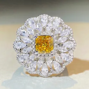 Luxury 925 Sterling Silver Flower Ring For Women Radiant Cut Yellow Pink Blue Green Zirconia Inlaid Party Wedding Jewelry