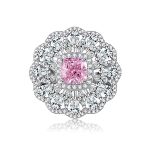 Bague florale en argent S925 avec diamant rose taille coussin et pierres marquises