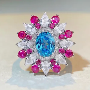 Luxury 925 Sterling Silver Ring For Women Vintage Colorful Rhinestone Flower Design Cocktail Party Finger Ring Jewelry