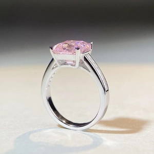 S925 sterling silver ring with emerald cut pink diamond and pavé side stones