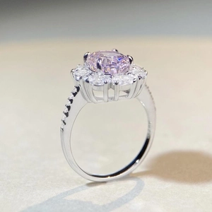 Radiant cut pink sakura zircon ring in S925 sterling silver with halo diamond accents