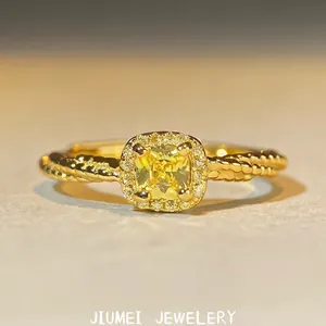 925 Sterling Silver Yellow Zirconia Radiant Cut Open Ring For Women Luxury Geometric Halo Twist Texture Adjustable Finger Ring Jewelry
