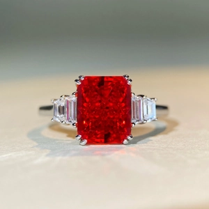 Classic S925 silver ring with 4ct rectangle cut red ruby and side white trapezoid stones