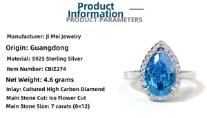 Detailed view of S925 silver ring featuring 8x12mm pear cut blue ice flower gemstone