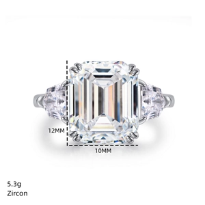 Macro detail of 5.3g S925 silver ring featuring a 12x10mm emerald cut zircon gemstone