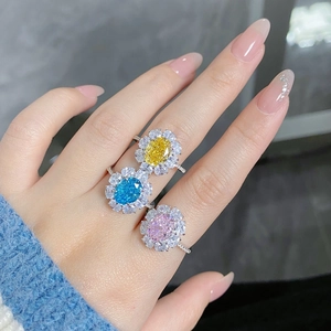 Detailed view of flower-shaped silver rings set with yellow, blue, and pink oval gemstones