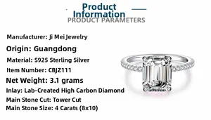 Detailed product specs of S925 sterling silver 4 carat high carbon diamond ring