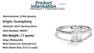 Close-up of 1ct emerald cut moissanite ring in 925 sterling silver with side stones
