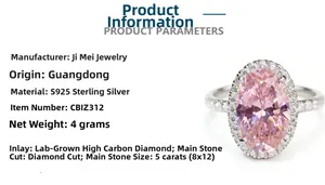 Détail d'une bague en argent S925 avec un diamant rose ovale de 5 carats de coupe halo