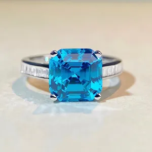 S925 Sterling Silver Asscher Cut Gemstone Ring For Women Luxury Square Blue Pink White Rhinestone Inlaid Banquet Jewelry Finger Ring
