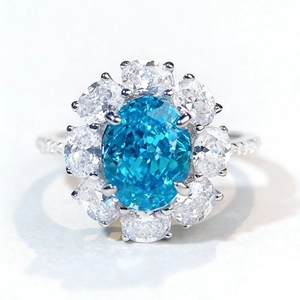 Oval cut light blue high carbon diamond halo ring in S925 sterling silver for weddings
