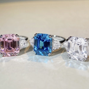 S925 sterling silver emerald cut ring set featuring pink, blue, and clear zircon stones