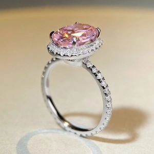 Bague en argent S925 avec diamant rose ovale, serti halo et anneau pavé de diamants