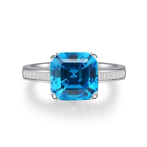 Luxury S925 silver ring featuring a square emerald-cut blue gemstone in a claw setting
