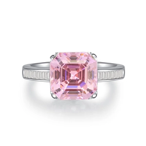 Luxurious S925 sterling silver ring featuring a large Asscher cut pink diamond center stone