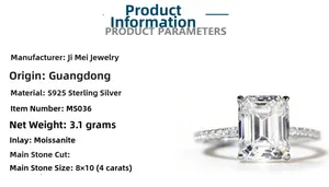 Detail view of 4 carat emerald cut moissanite ring in S925 sterling silver with specs