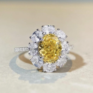 Luxurious S925 silver halo ring with oval yellow stone and sparkling flower setting
