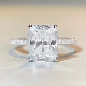 Radiant Cut Moissanite Engagement Ring 925 Sterling Silver Four Claw Luxury Pave Band Finger Ring For Women Jewelry Gift