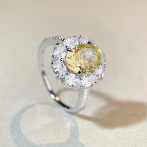 Luxurious S925 sterling silver ring with oval yellow diamond and floral halo setting