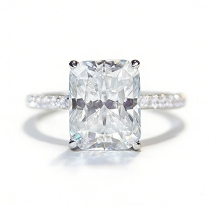Radiant cut 4 carat Moissanite ring in 925 silver with pavé diamond band