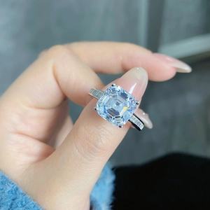 Detailed view of S925 silver ring featuring a large Asscher cut square carbon diamond