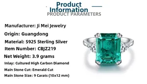 Detailed specs of S925 silver ring featuring a 9ct emerald-cut green gemstone