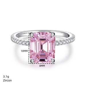 Macro view of 10x8mm emerald cut pink zircon ring with detailed stone weight parameters