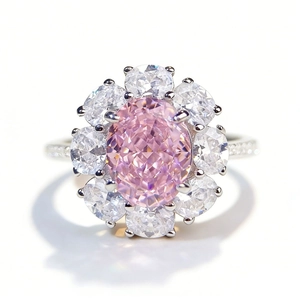S925 silver ring featuring radiant cut pink gemstone surrounded by halo diamonds