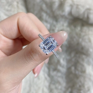 Close-up of 4-carat emerald-cut high carbon diamond ring in 925 sterling silver setting