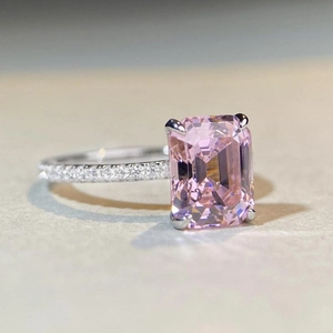 S925 silver ring with large emerald-cut pink zircon and pavé-set side stones