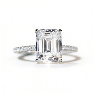 Classic S925 sterling silver emerald cut moissanite ring with pavé diamond band